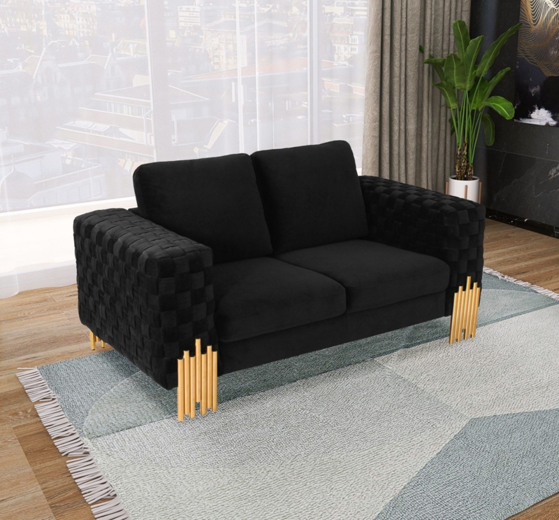 Loveseat Black Velvet Glam Channel Tufted Wrap Gold Frame