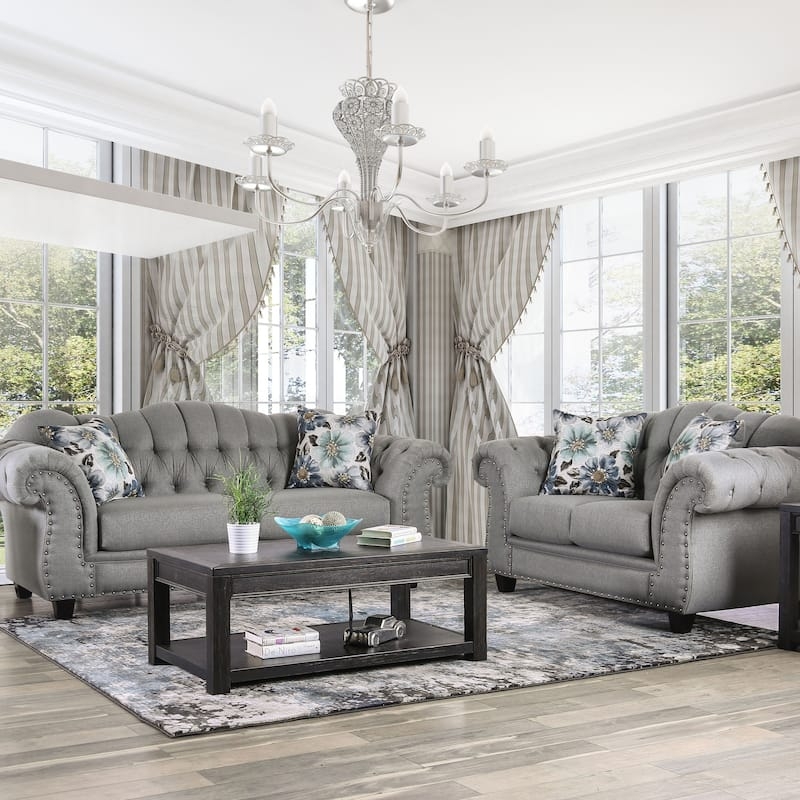 Loveseat Block Legs, Nailhead Trim, Rolled Arms, Traditional Style.