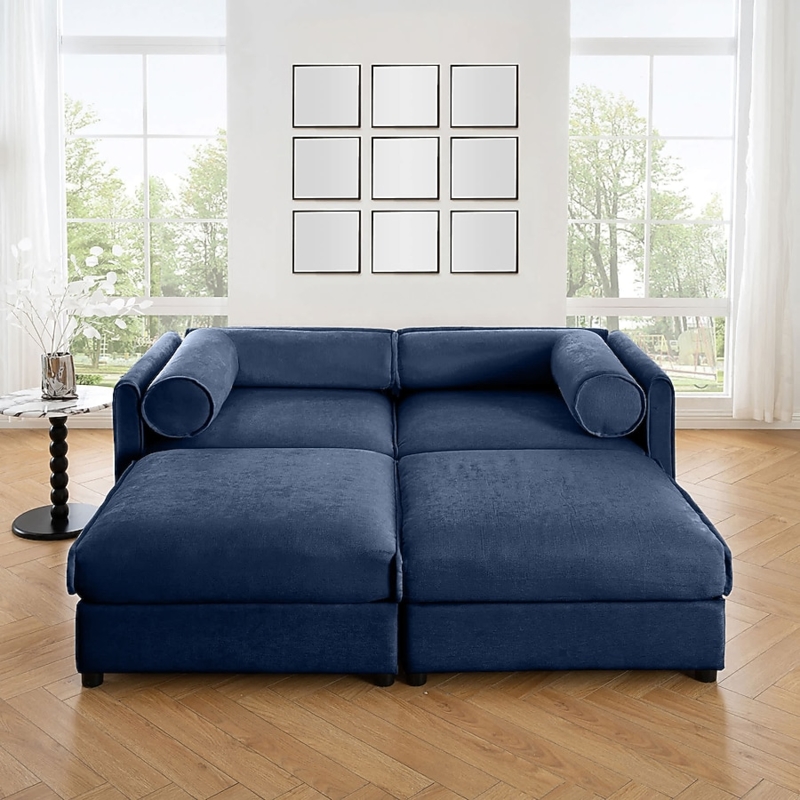 Loveseat Blue Chenille Storage Ottomans Cylindrical Armrests