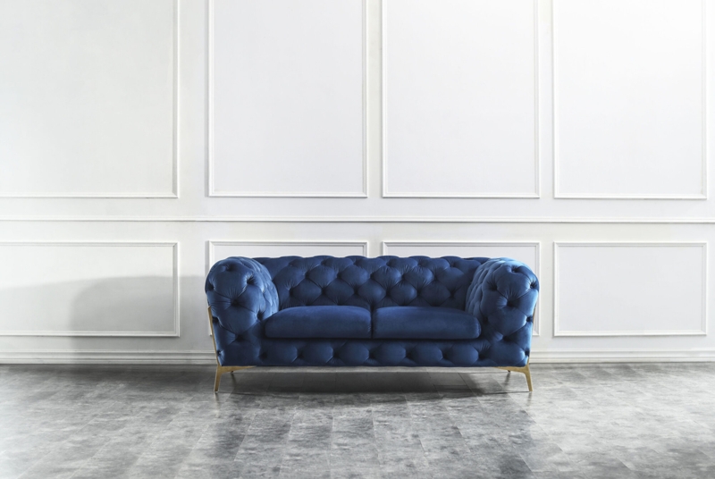 Loveseat Blue Chesterfield Traditional Rolled Arm with Nailhead Trim