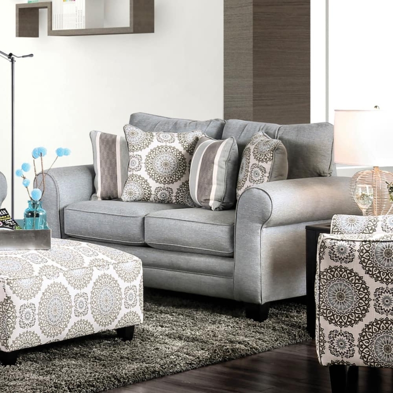 Loveseat Blue Grey Woven Fabric Track Arms Tapered Legs