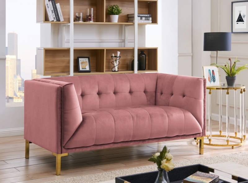 Loveseat Blush Velvet Channel Tufting Gold Legs Modern Glam Decor
