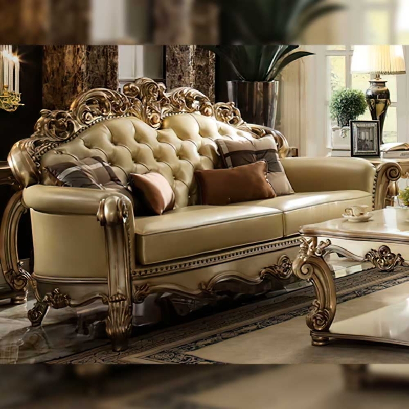 Loveseat Bone Faux Leather Button Tufted Ornate Gold Patina Frame