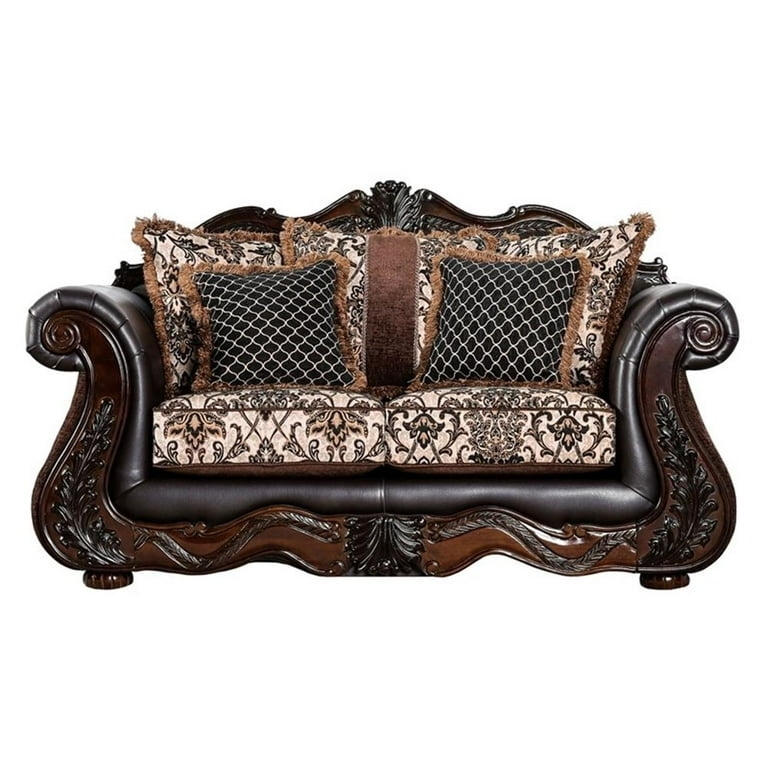 Loveseat Brown Leather Like Button Tufted Nailhead Trim Traditional