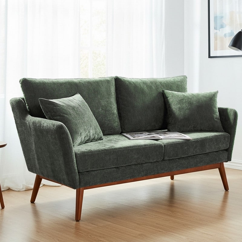 Loveseat Brown Linen Bolster Pillows Mid-Century