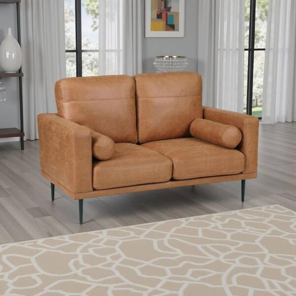 Loveseat Brown Microfiber with Bolster Pillows and Black Metal Legs