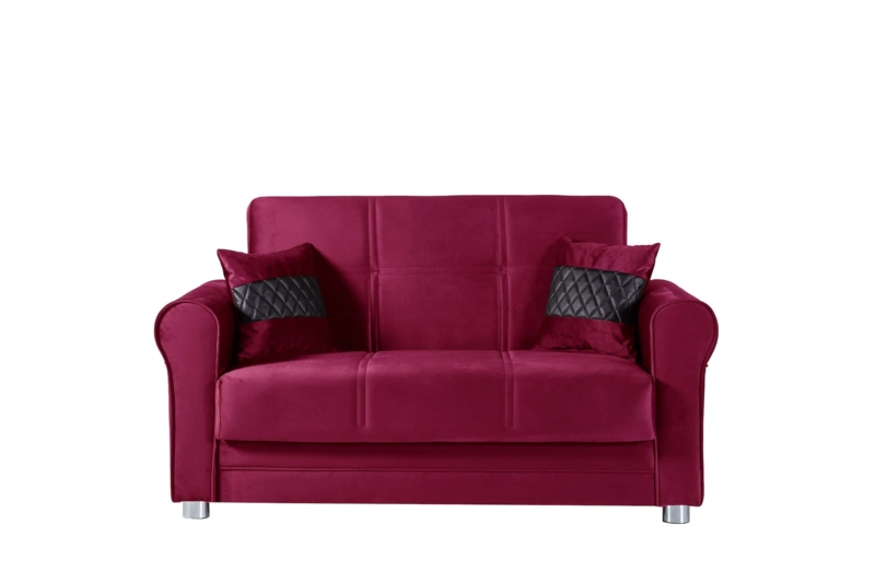 Loveseat Burgundy Microfiber Pillow Top Arms Block Feet Plush