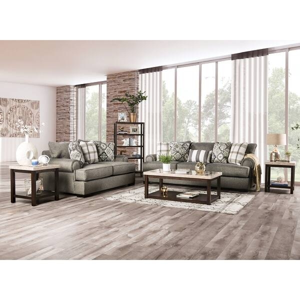 Loveseat Button Tufted Back, Charcoal Upholstery, Nailhead Detail.