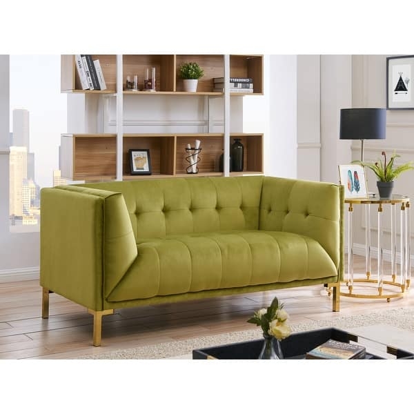 Loveseat Button Tufted Back Navy Velvet Modern Glam Bolsters
