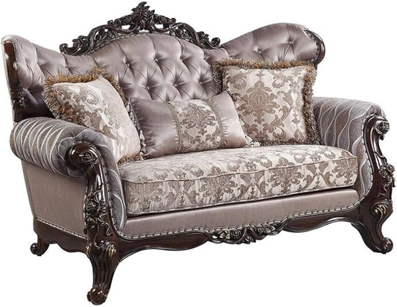 Loveseat Button Tufted Wingback Ornate Carved Frame Taupe Upholstery