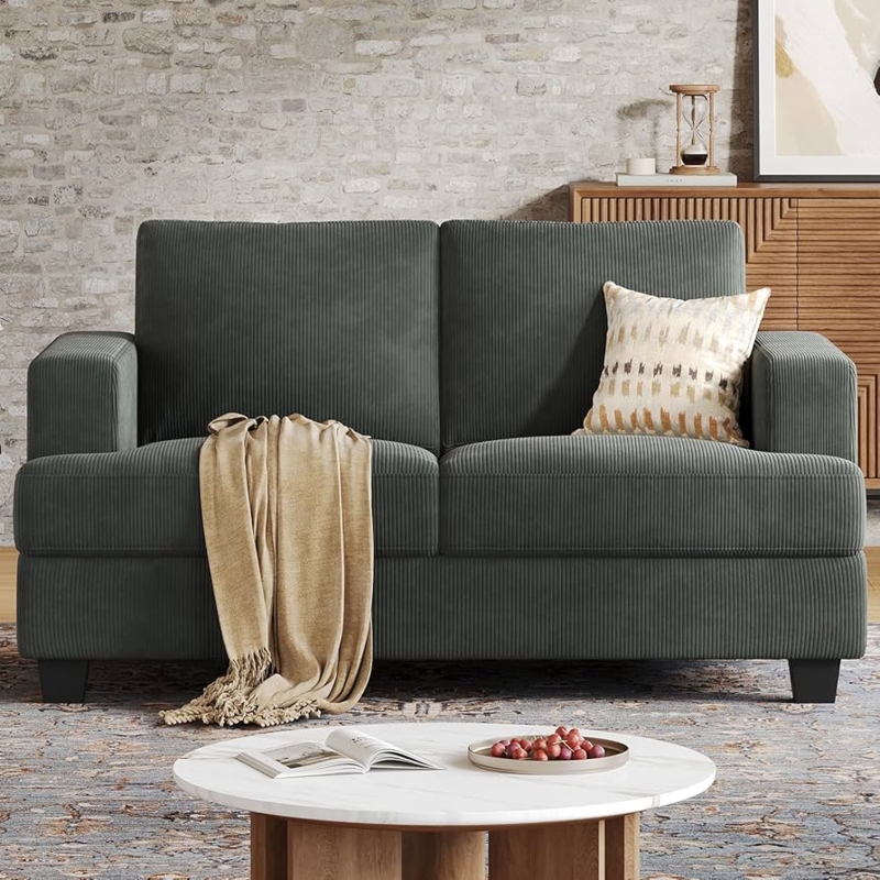 Loveseat Charcoal Gray Corduroy Wide Arms Low Profile Modern