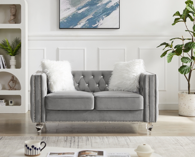 Loveseat Charcoal Gray Faux Leather Modular with Block Legs