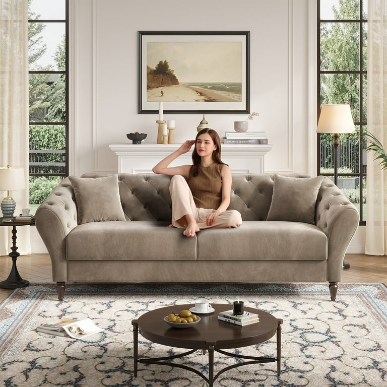 Loveseat Charcoal Grey Chesterfield with Silver Nailhead Trim