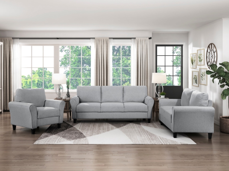 Loveseat Charcoal Woven Texture Rounded Arms Low Profile Tapered Legs