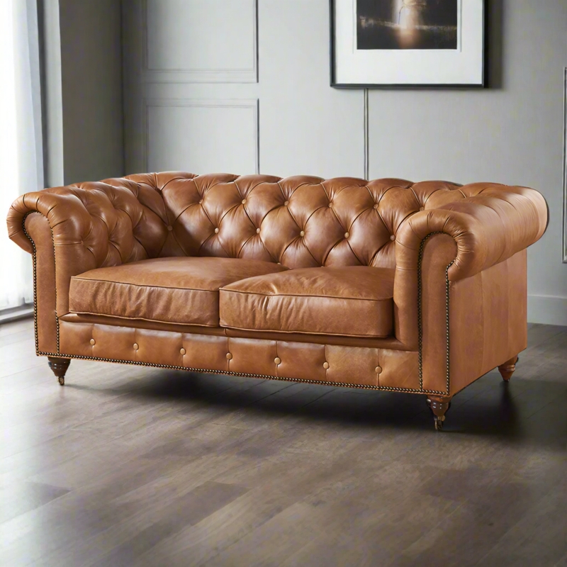 Loveseat Chesterfield Distressed Leather Nailhead Trim Button Tufted