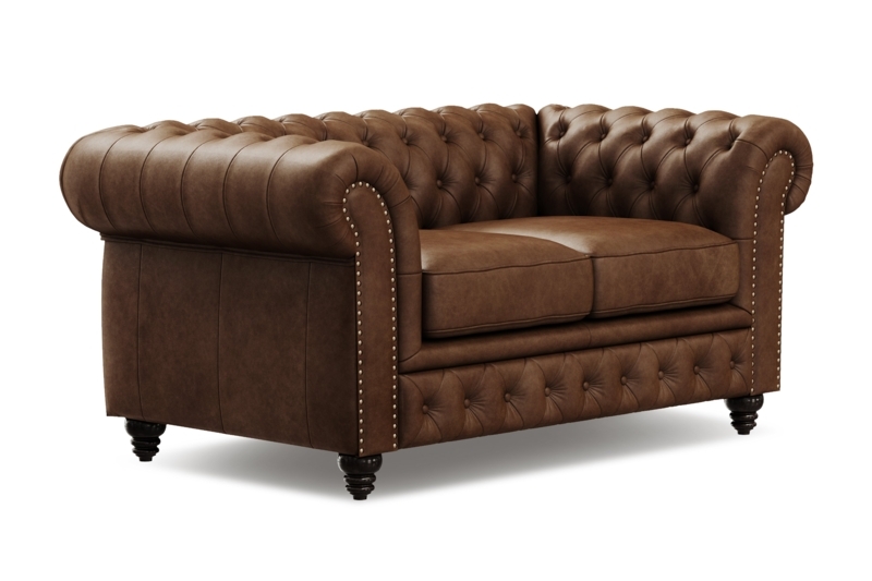 Loveseat Chocolate Brown Leather-Like Brass Nailhead Classic