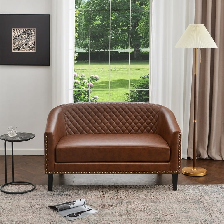 Loveseat, Cognac Faux Leather Barrel Back, Diamond Tufted