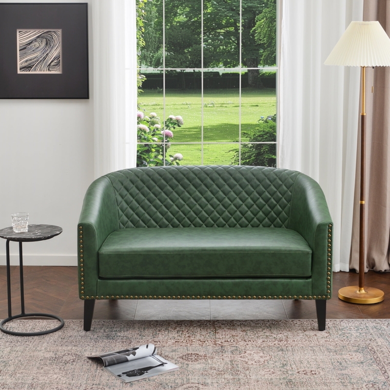 Loveseat, Cognac Faux Leather Barrel Back with Nailhead Trim