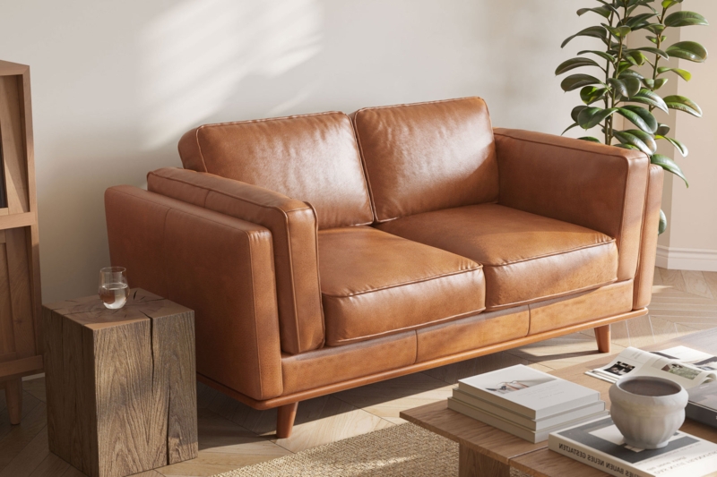 Loveseat Cognac Leather Exposed Wood Frame Tapered Legs Mid-Century