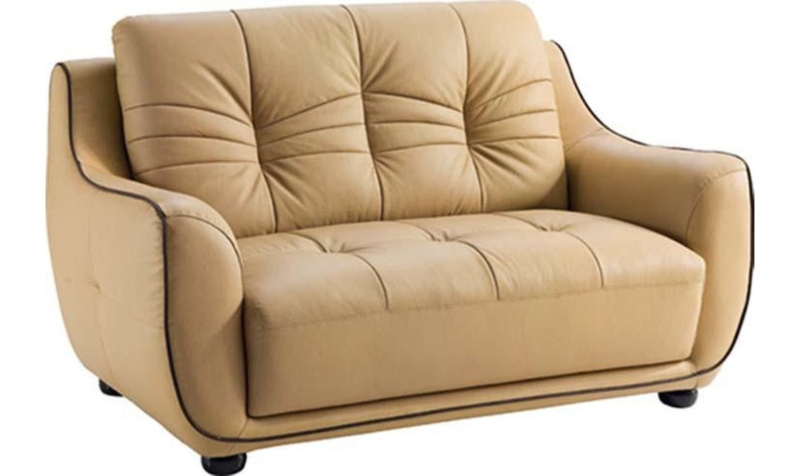 Loveseat Cognac Leather Finish Grid Tufting Mid Century Modern