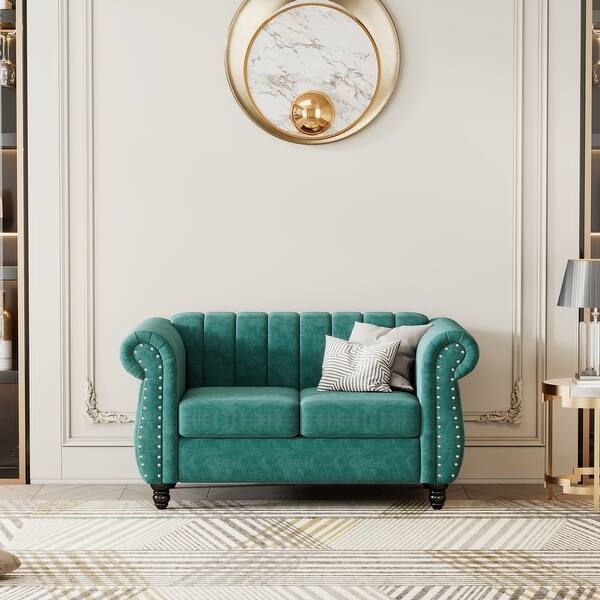 Loveseat, Compact Charcoal Grey Tufted with Nailhead Trim