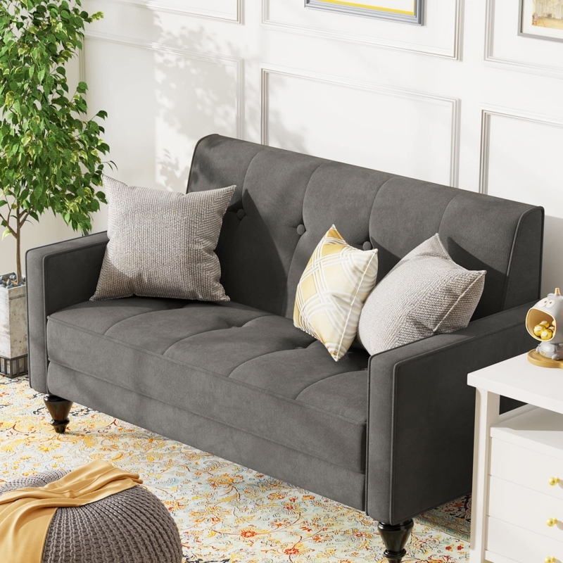 Loveseat Compact Scale Grey Velvet Mid Century Modern Button Tufted