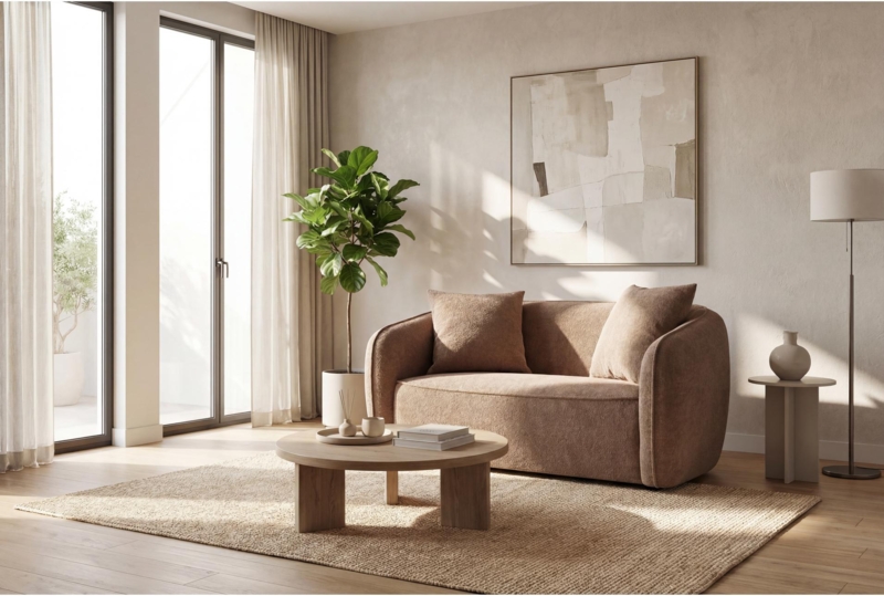 Loveseat Cream Boucle Texture Deep Seated Contemporary Styling