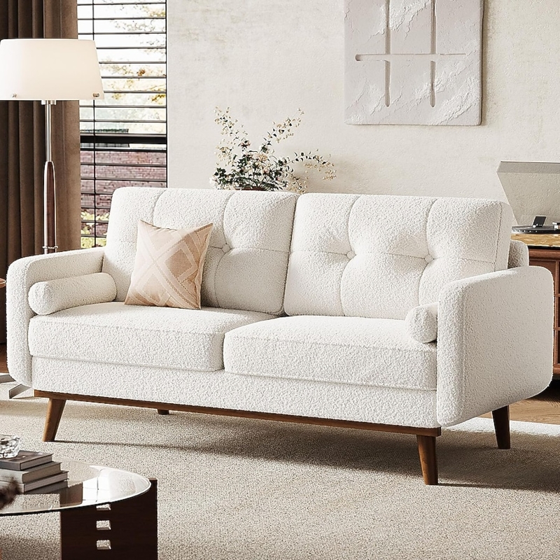 Loveseat Cream Boucle Texture Tapered Legs Cozy Minimalist Seating (72 characters)