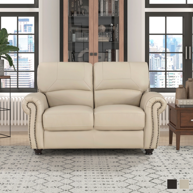 Loveseat Cream Leather Like Rolled Flared Arms Block Feet