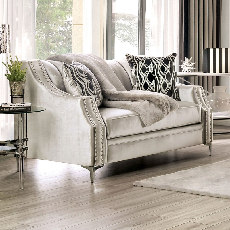 Loveseat Crystal Button Tufted Silver Rolled Arms Glam Style
