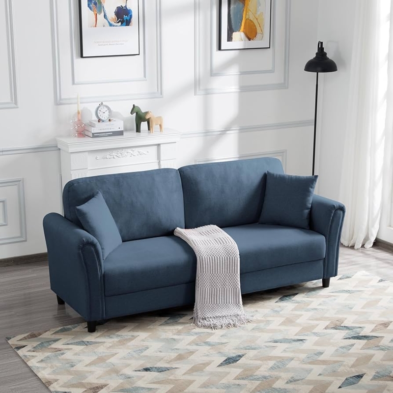 Loveseat Dark Blue Linen Tapered Wood Legs Modern