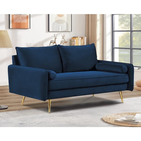 Loveseat Dark Blue Velvet Tuxedo Silhouette Gold Legs Small Space Seating