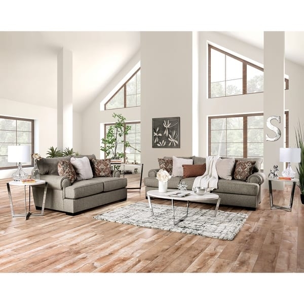 Loveseat Dark Brown Leather Like, Nailhead Trim, Rolled Arms.
