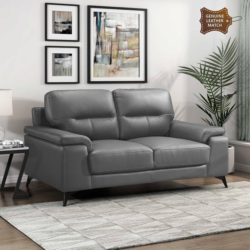 Loveseat Dark Gray Leather Flared Arms Bench Seat Mid-Century Modern