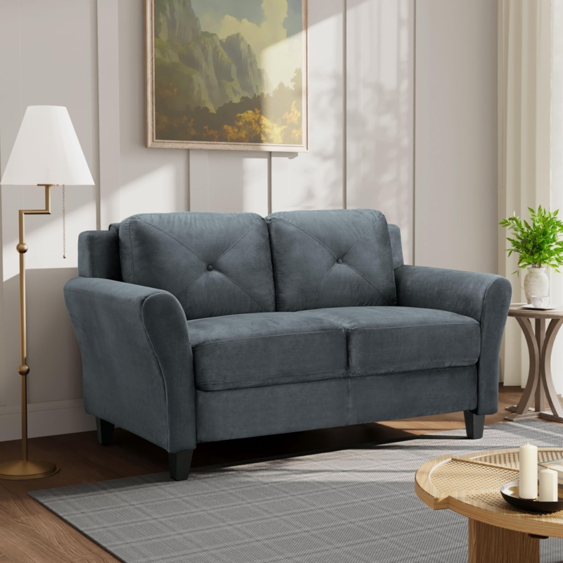 Loveseat Dark Grey Button Tufted Back Square Arms Compact Sofa