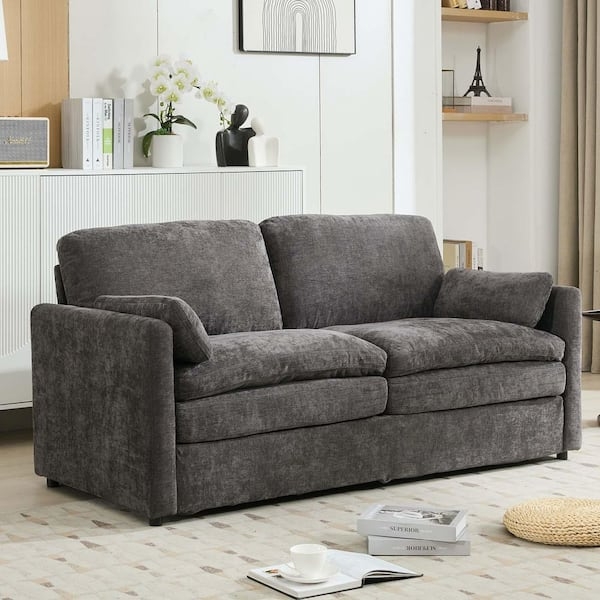 Loveseat Dark Grey Chenille Square Arms Deep Seat