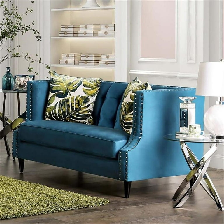 Loveseat Dark Teal Fabric, Deep Button Tufting, Rolled Arm Silhouette.