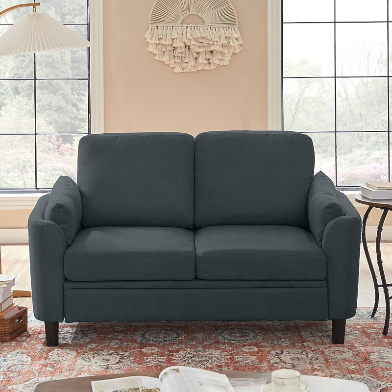 Loveseat Dark Upholstery with Flared Arm Silhouette and Gold Toned Legs
