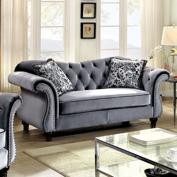 Loveseat Deep Purple Velvet, All Over Tufting, Nailhead Detail.