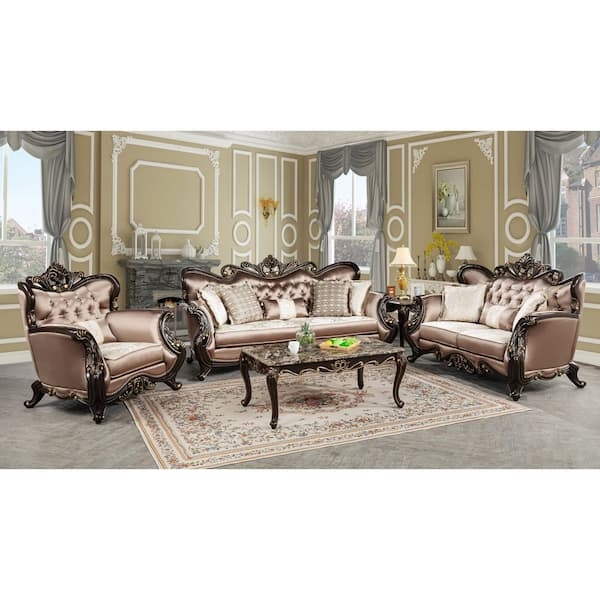 Loveseat Desert Sand Carved Wood Scrolled Arms Traditional Seating