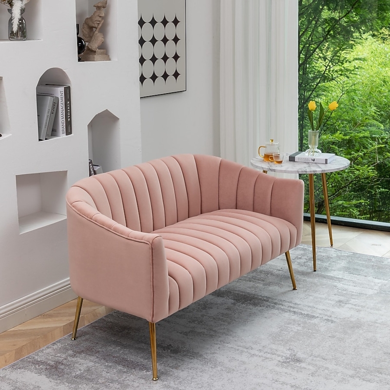 Loveseat Dusty Rose Pink Velvet Curved Channel Tufted Gold