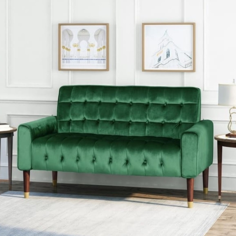 Loveseat Emerald Green Velvet Button Tufted Wingback Gold Legs