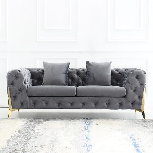 Loveseat Emerald Green Velvet Channel Tufted Gold Legs