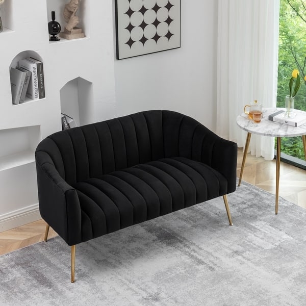Loveseat Emerald Green Velvet Curved Channel Tufted Gold Legs