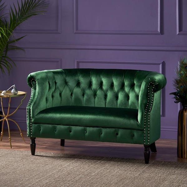 Loveseat Emerald Green Velvet Cylindrical Bolsters Tapered Wood Legs
