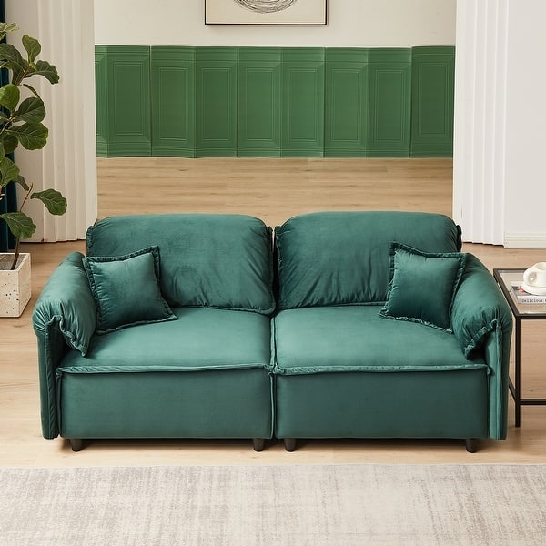 Loveseat Emerald Green Velvet Pillow Arms Exposed Wood Base