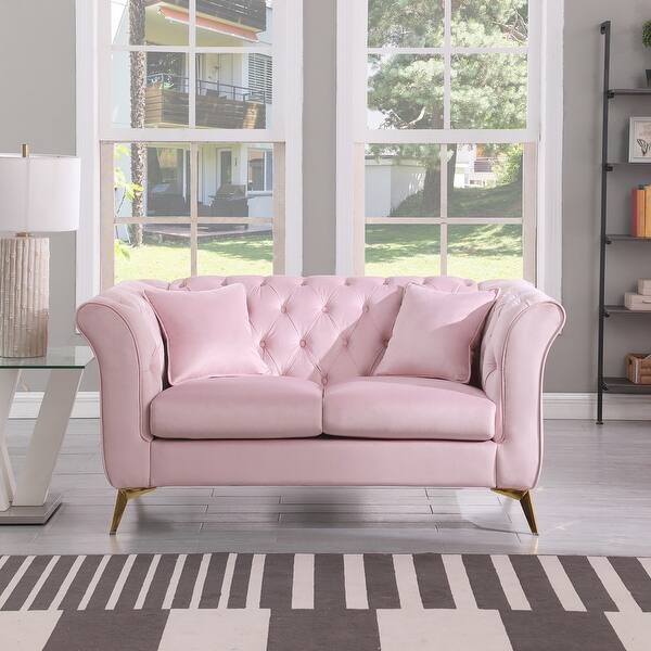 Loveseat, Emerald Green Velvet Tufted Back, Gold Legs