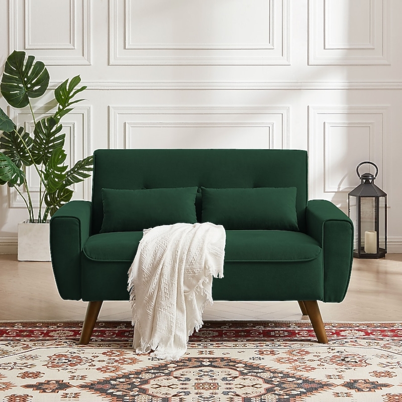 Loveseat Emerald Green Vertical Channel Tufting with Gold Tapered Legs