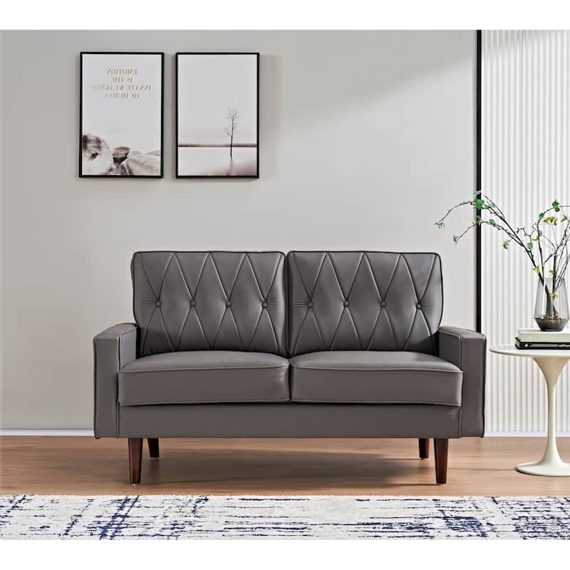 Loveseat Faux Leather with Cylindrical Bolsters Mid-Century