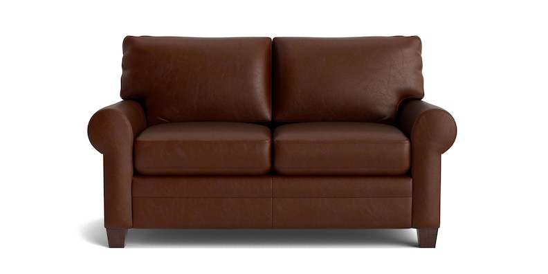 Loveseat featuring Chocolate Brown Leather-Like Fabric and Sock Arms
